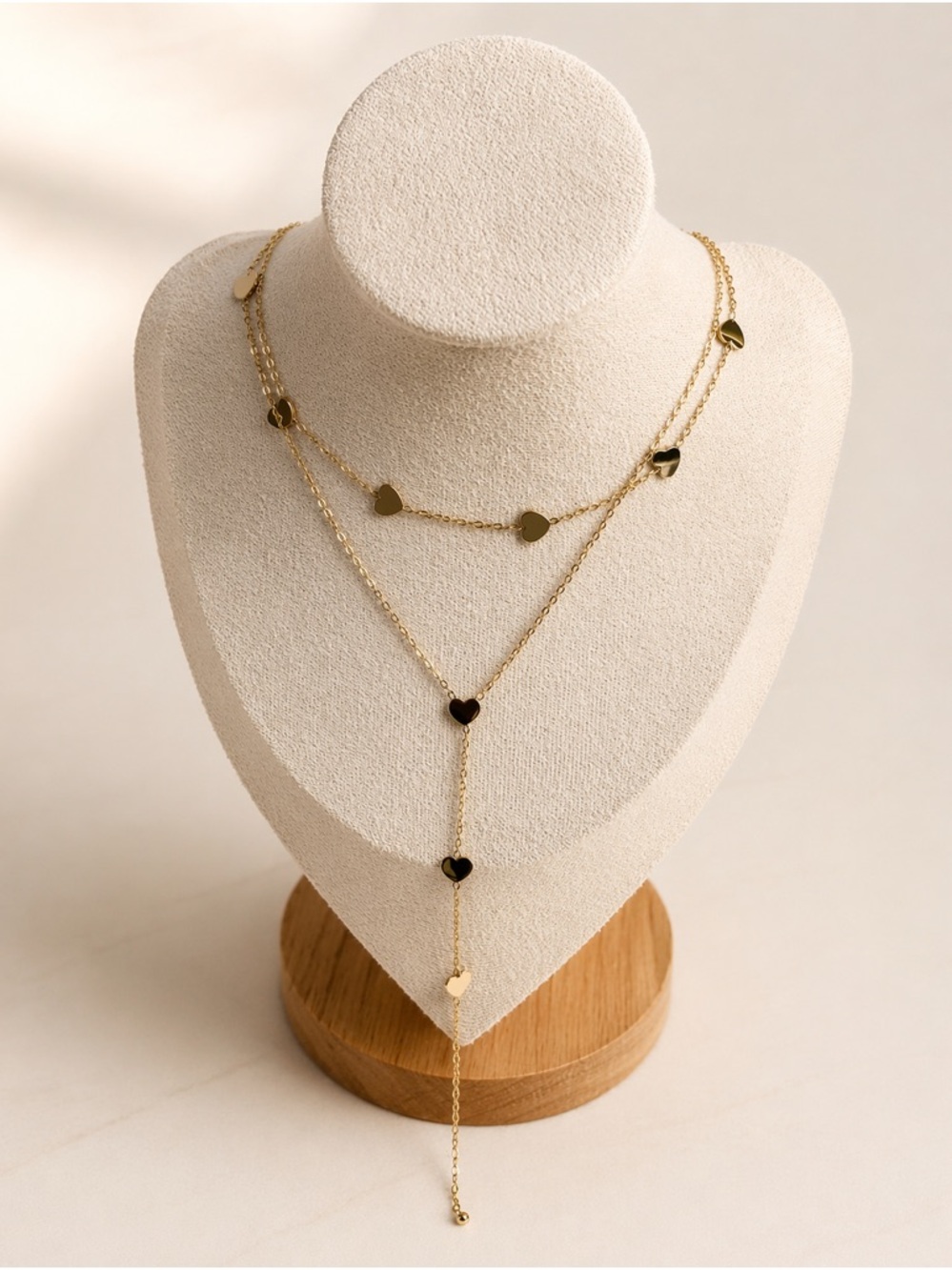 Gold Heart Layered Lariat Necklace - Stainless Steel Women Jewelry